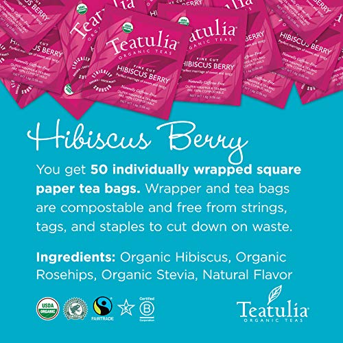 Teatulia Organic Hibiscus Berry Tea Bags (50 Wrapped Tea Bags) | 100% Compostable | Sustainably Grown In Egypt | Hibiscus & Rose Hips #TOP1