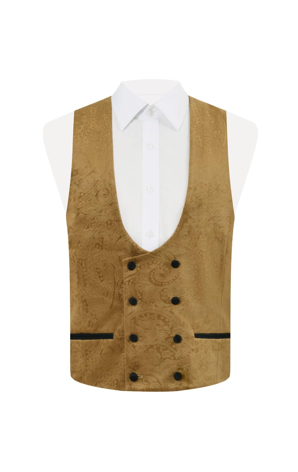 Dobell Mens Gold Paisley Velvet Tuxedo Waistcoat Regular Fit Double Breasted-L (42-44in)