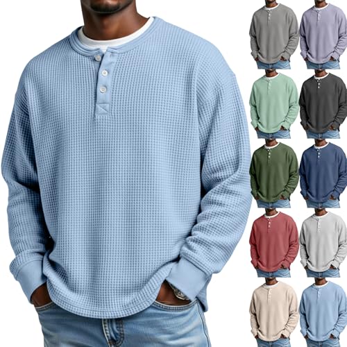 Mens Waffle Long Sleeve Shirt Slim Fit Henley Shirts Long Plus Size Tshirt - image 1