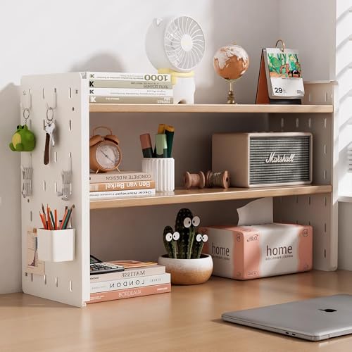 Velvaria Desktop Organizer Shelf with Pegboard 2-Tier Tabletop Bookshelf | Multi-Tier Office Desk Organizer with Hooks White Iron Bookcase for Desk Organization & Student Room(Natural 2 Layers)