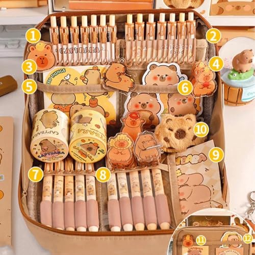 Image of Cute Capybara Pencil Case with 12 Compartments, Capybara Stationery Set, Large Capacity Pen Bag, Gift for Boys Girls