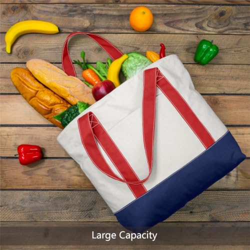Image of TOPDesign 1-Pack Canvas Tote Bag with an External Pocket, Reusable Grocery Shopping Bag, Top Zipper Closure, Daily Essentials (Red /Blue /Natural)