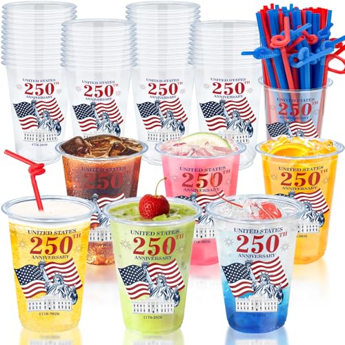 100Pcs USA 250th Anniversary 4th of July Decorations Patriotic Party Supplies, 50Pcs 16oz 4th of July Party Cups Patriotic Disposable Plastic Cups 50Pcs Red Blue Straws Independence Day Memorial Day