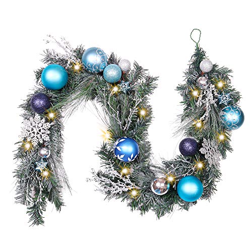 Valery Madelyn Pre-Lit 6 Feet Winter Wishes Blue Silver Christmas Garland with Artificial Greenery Frosted Spruce, Christmas Ball Ornaments and Snowflake, Battery Operated 20 LED Lights