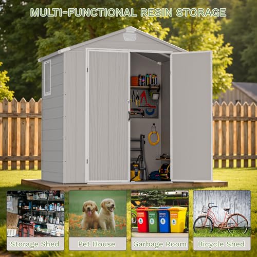 Image of Greesum 6x4FT Plastic Outdoor Storage Shed with Floor, Resin Sheds with Lockable Double Door, Tool Sheds with Window and Vents, for Garden, Patio, Backyard, Light Gray
