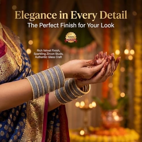 Image of NMII Fancy Glass Golden Zircon Diamond Stone & Velvet Finish Plain Bangles Set For Women & Girls | Glass Velvet Bangles | Kanch ki Chudiyan | Girl's Bangles Bracelet | Fashion Jewellery- Set of 32