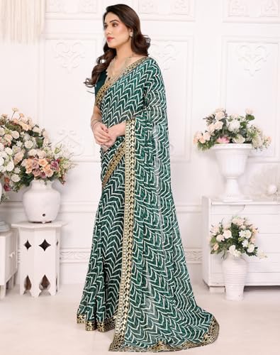 Image of Yashika Women's Printed Georgette Printed Saree With Lace Border and Blouse Material