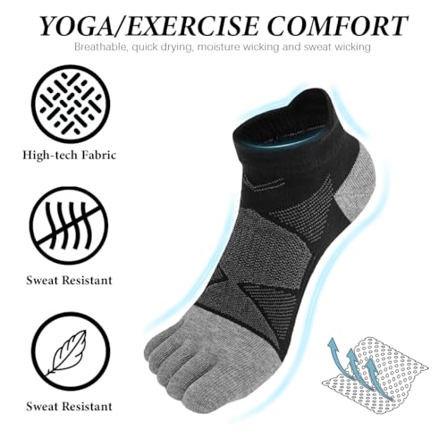 Image of PROBEROS 3 Pairs Mens 5-Toe Yoga Socks, Moisture-Wicking Cotton, Anti-Skid Towel Sole, Athletic Ankle Socks for Exercise, Running & Yoga