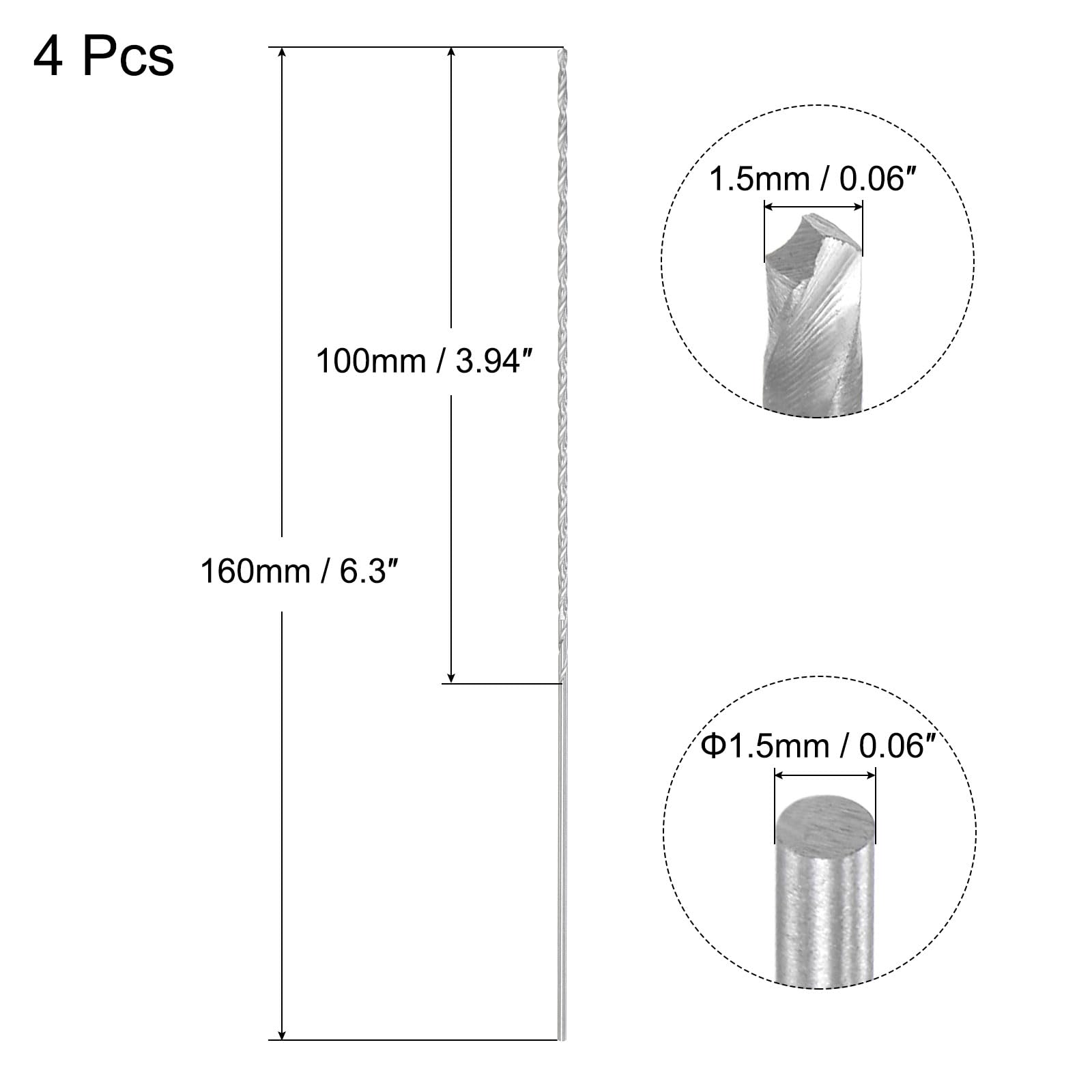 sourcing map Brocas helicoidales de 1,5 mm, vástago recto de acero de alta velocidad, broca extralarga de 160 mm de longitud para madera, plástico, aluminio, 4 unidades