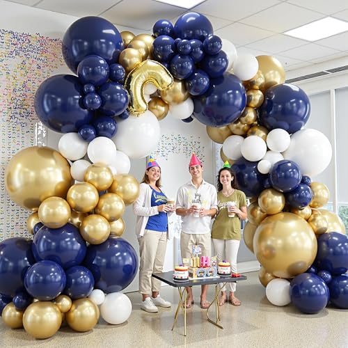 Image of 412Pcs Navy Blue and Gold Balloons Arch Garland Kit,5 10 12 18 inch gold and blue balloons for Birthday, Wedding, Graduation, Anniversary Decorations