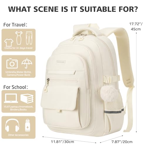 Cute Teen Girls Backpack, Big Student School Backpack Laptop Bookbag for College Women Aesthetic Middle High School Bag, Mochilas Escolares, Beige3
