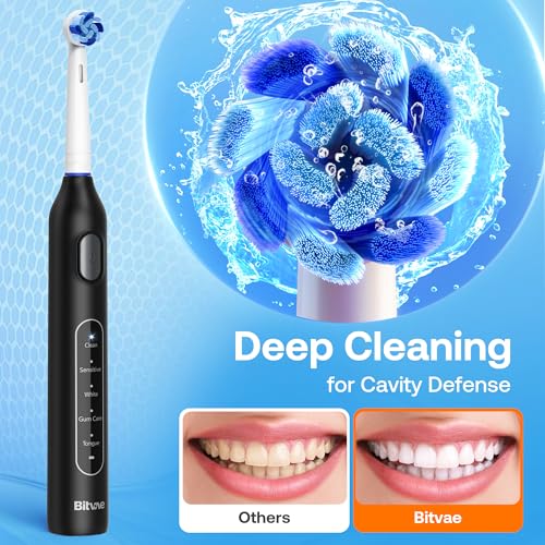 Image of Bitvae R1 Rotating Electric Toothbrush with 8 Brush Heads for Adults and Kids, 60-Day Battery Life, 5 Modes Rechargeable Power Toothbrush with 2-Minute Smart Timer, Black