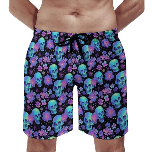 Hawaiian Shorts for Men - Comfy Purple Flower Blue Skull Print Mens Swim Trunks Bathing Suits with Mesh Lining