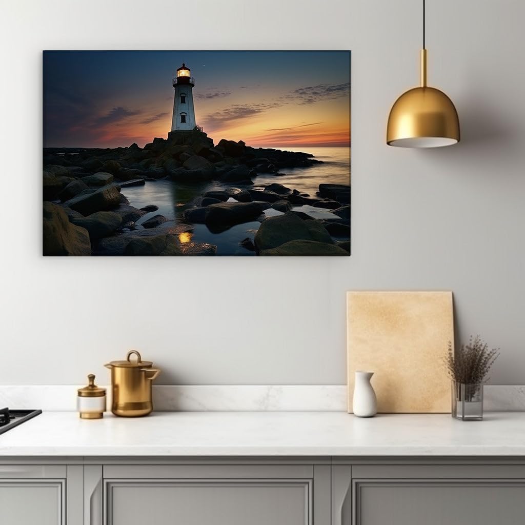 Canvas for Living room. Lighthouse Glow at Sunset - A Beacon of Serenity on the Shore, 27 x 18 inch Canvas Wall Art - Surrealistic Visions - Modern Home Decor