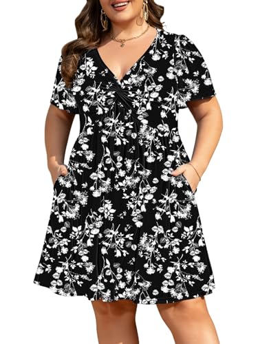 Image of Manllenshie Womens Plus Size Summer Dress Casual Short Sleeves Deep V Neck Twist Knot Front Flowy Dress with Pockets