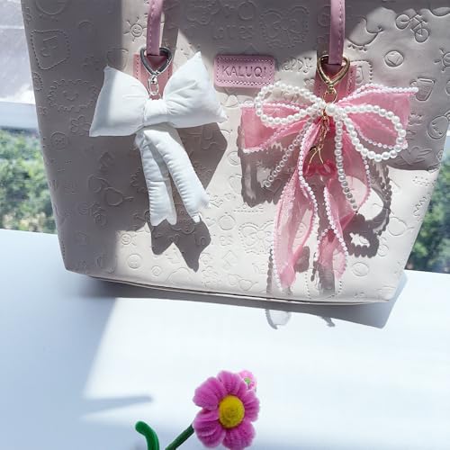 Image of Pink Bow Keychain Bag Charms Y2K Bowknot Plaid Keychains Coquette Aesthetic Purse Handbag Backpacks Charms (White)