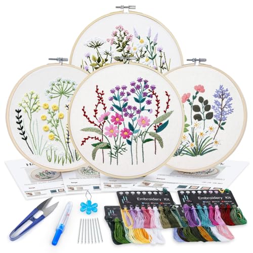 BERYA 4 Set Embroidery Starter Kit for Beginners, Needlepoint Cross Stitch Kits with Pre-Stamped Flower, Instructions, Embroidery Hoops, Color Threads, Tools, DIY Arts Crafts Birthday Gifts for Adult