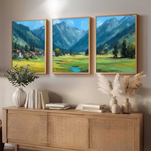 Image of kotart Abstract Nature Art Framed Paintings | Big Aesthetic Mountains View Painting | Vastu Frames for Bedroom Living Room Wall Decor Set Of 3 (13X17 inch)