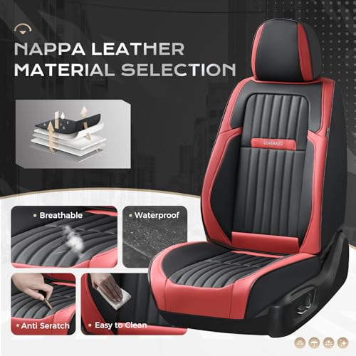 Image of Coverado Car Seat Covers Full Set, Seat Covers for Cars, Car Seat Cover, Car Seat Protector, Leather Car Seat Cushion, Waterproof Car Seat Covers Front Seats and Back Fit for Most Cars(Red&Black)