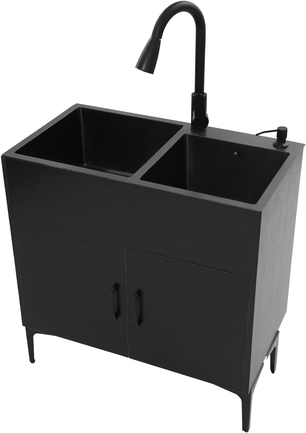 Laundry Sink with Cabinet, 29.5‘’ x 16.1‘’ x 30.7‘’ Double Bowl Kitchen Sink Cabinet with Pull-Out Faucet, Stainless Steel Utility Sinks for Garage Bathroom (Black)