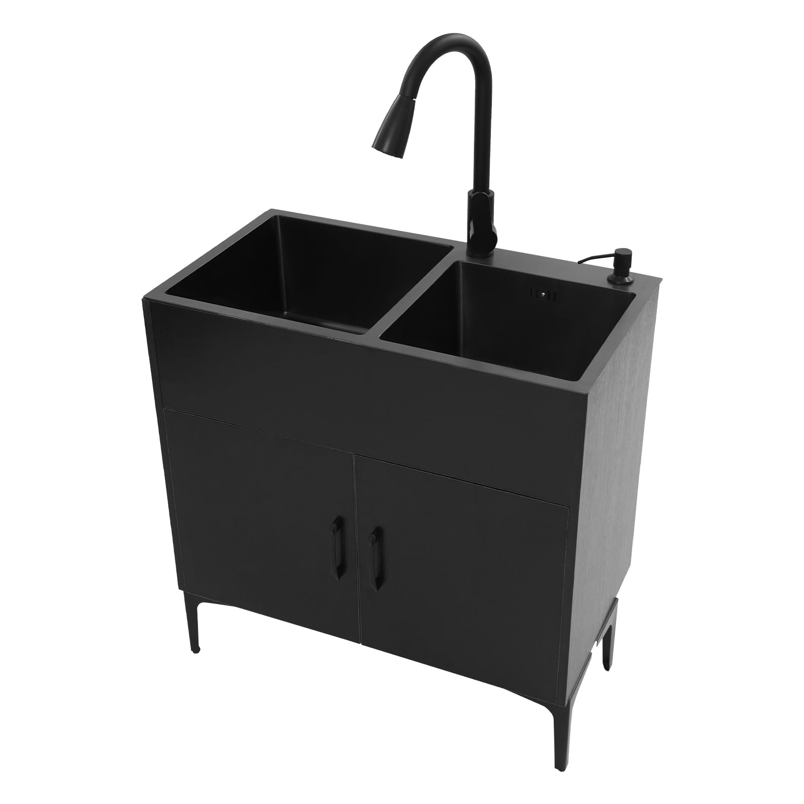 Spültisch 75 cm Breit Küche Spüle mit Unterschrank 2 Becken Ausziehbar Küchenarmatur Abtropffläche Seifenspender Abflussrohr Abflusssieb 360° Drehbarer Wasserhahn