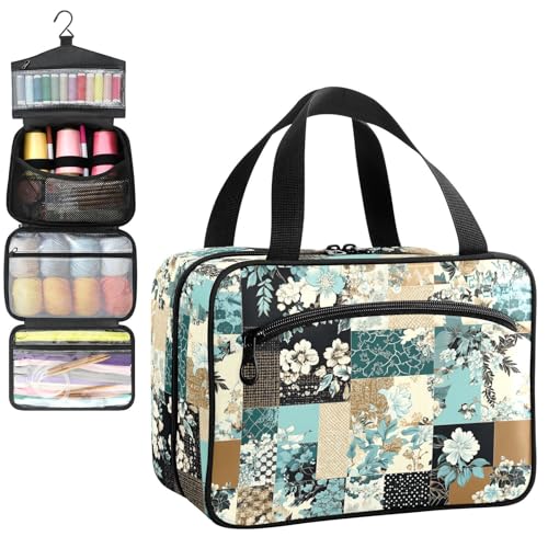YNNALE Sewing Supply Organizer Bag, Japanese-style Aqua Brown Floral Portable Sewing Bags with Pockets&Hanger, Sewing Storage Box Case for Sew Supplies/Kit/Tools/Accessories (BAG ONLY)