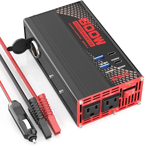 Image of Power Inverter DC 12V to 110V 120V AC, Car Inverter with 2 AC Outlets, 2 Fast Charge USB Ports, 2 Type-c Ports (12V 600W)