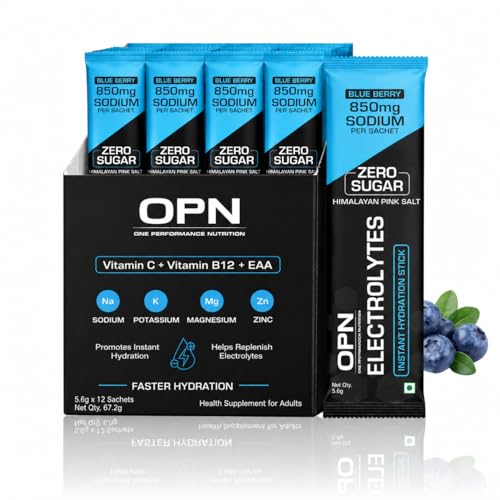 Image of OPN Electrolytes Blueberry Flavour | 850mg Sodium | Zero Sugar Hydration Powder | Vitamin C, B12 + EAA | (Pack of 3) 36 Sachets