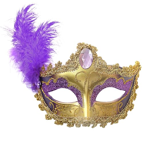 Wildarms Máscara de plumas para mujer, máscara de Mardi Gras, máscara de princesa para Halloween, fiesta veneciana (morado y dorado)