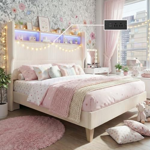HOMRELEXA Queen Size Girls Bed Frame with 51 Tall Headboard LED Lights & Charging Station Corduroy Upholstered Platform Bed with Storage Shelf No Box Spring Needed Cream