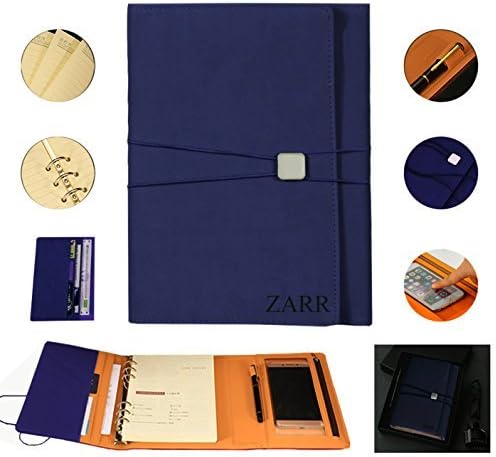 Portfolio Binder Organizer, ZARR 6-in-1 Deluxe PU Leather Business Padfolio-Document Organizer+Card Holder+Refillable A5 Writing Notepad+Pen&Holder+Zippered Phone Case with Clear Protector+Gift Box (Navy)