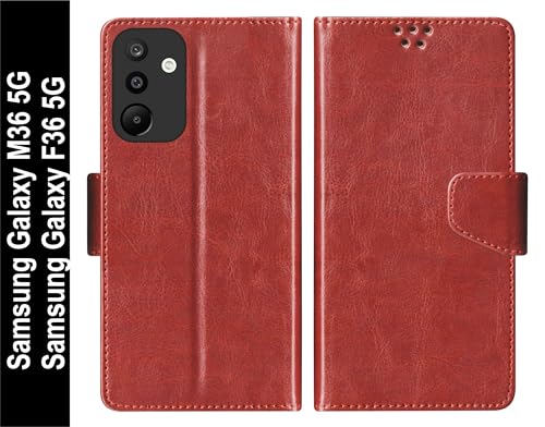 Image of SBMS Faux Leather Flip Cover for Samsung Galaxy M36 5G / Samsung Galaxy F36 5G Back Cover Case with Magnatic Closure | Inbuilt Stand | Card & Money Pocket (Brown)