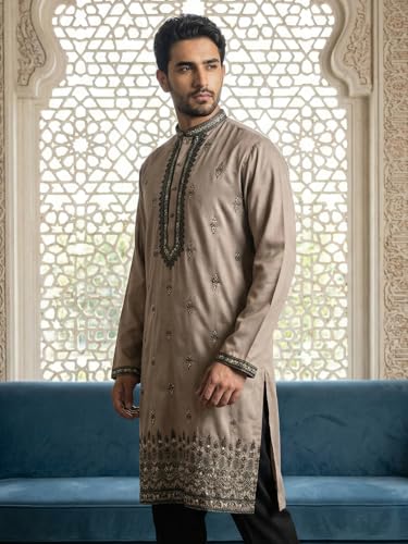 Image of Jompers Men Embroidered Silk Blend Kurta (Brown, M)