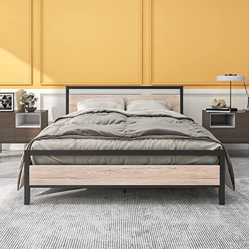 Image of BOFENG Queen Bed Frames with Wood Headboard,Heavy Duty Platform Bed Frame No Box Spring Needed,Farmhouse Bed Steel Slat Mattress Foundation Sturdy Square Pipe Design Home Furniture