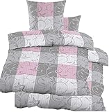 KH-Haushaltshandel 4-TLG. Seersucker Bettwäsche 2X 135x200 +80x80cm, grau Rose, Ranken/Karo, bügelfrei, Microfaser (60360)