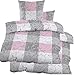 Produktbild KH-Haushaltshandel 4-TLG. Seersucker Bettwäsche 2X 135x200 +80x80cm, grau Rose, Ranken/Karo, bügelfrei, Microfaser (60360)
