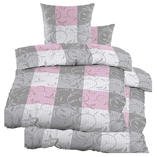 KH-Haushaltshandel 4-TLG. Seersucker Bettwäsche 2X 135x200 +80x80cm, grau Rose, Ranken/Karo, bügelfrei, Microfaser (60360)