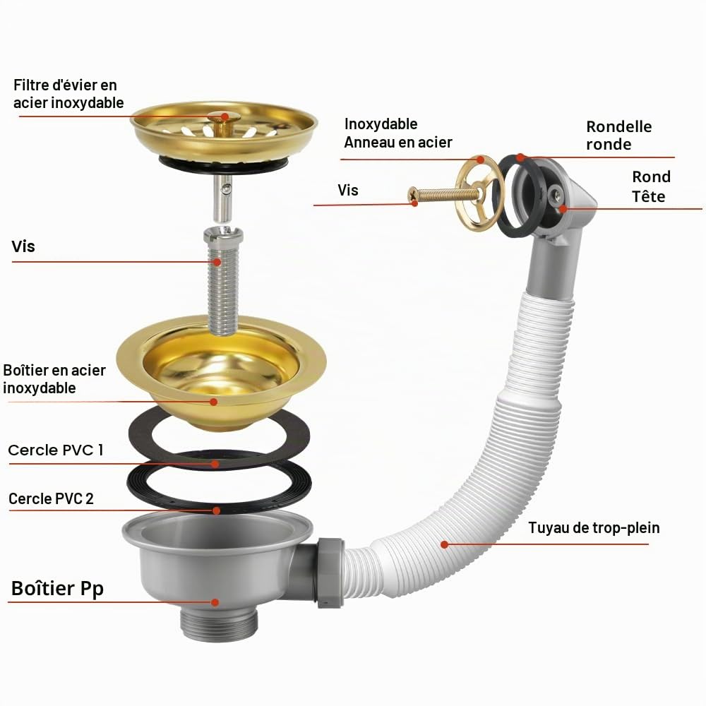 Kit de vidange d'évier de cuisine Inodiref avec tuyaux de trop-plein, kit de trop-plein d'évier de cuisine en acier inoxydable doré, filtre d'évier de cuisine de 114 mm de conception épaissie pour