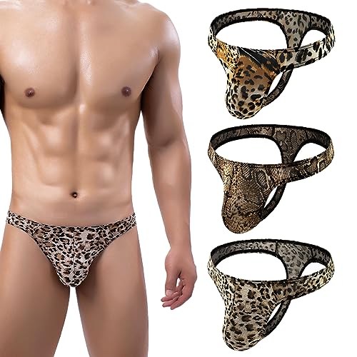 Men's Ice Silk Thong Leopard Low Rise Bikini Briefs Underwear