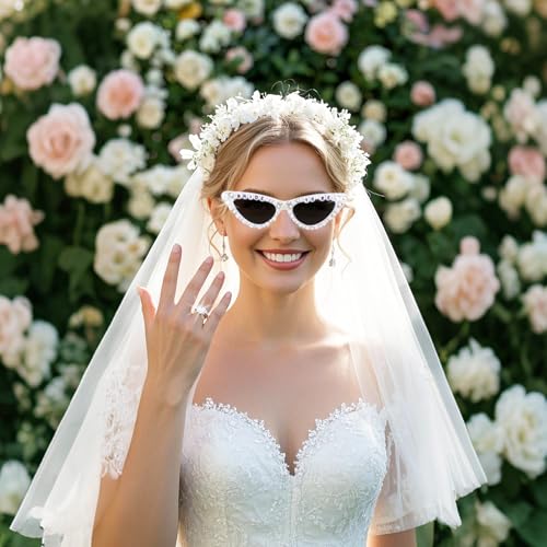 Bride Sunglasses - White Cat Eye Heart Bride Glasses for Bachelorette Party, Engagement Decorations, Bridal Shower Accessory (Cat eye)2