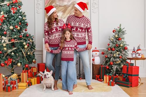 Image of Totatuit Family Matching Christmas Sweater Round Neck Reindeer Snowflakes Ugly Knitted Sweater Pullover for Men Women