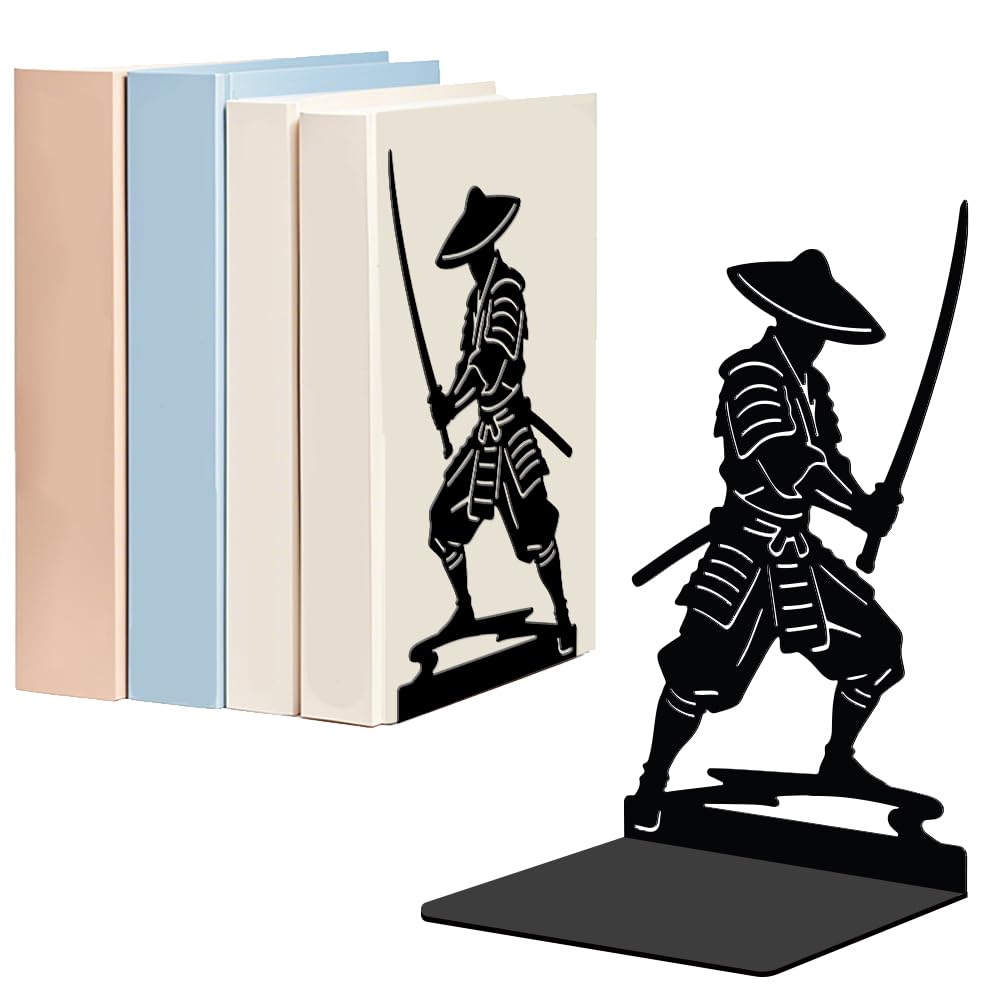 WADORN 1 Pair Japanese Samura Decorative Bookends, Japanese Anime Warrior Heavy Duty Metal Book Ends for Men Black Non-Skid Black Book Stopper for Bookshelf Library Home Office Dorm Back to School