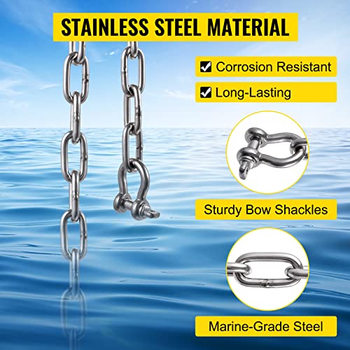 Vevor Anchor Chain, 20' X 5/16" Stainless Steel 316 Anchor Chain, Boat Anchor Chain With 3/8" Galvanized Shackle And 12" Extended Anchor Lead Chain, Works With Different Anchors, Anchor Chain For Boat #TOP3