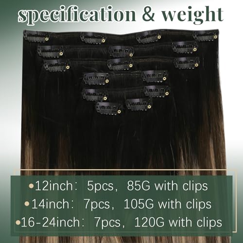 Image of Ugeat Balayage Clip in Hair Extensions 16 Inch 7pcs 120g | Human Clip in Hair Extensions , for Beginners , Natural Black Balayage Chocolate Brown
