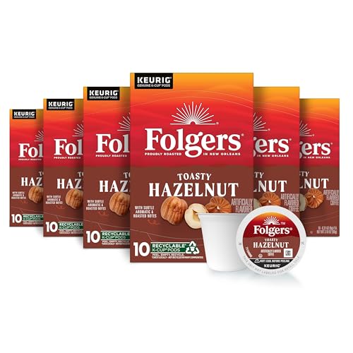Image of Folgers Toasty Hazelnut Artificially Flavored Coffee, K-Cup Pods, 60 Count | 6 (10 count) boxes, Medium roast coffee, Genuine K-Cup pods made to brew with your Keurig coffee maker