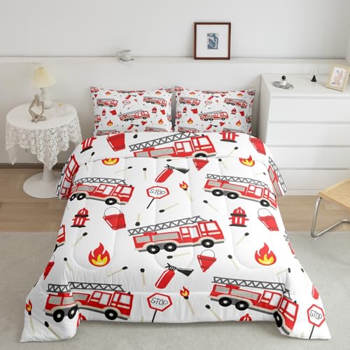 Feelyou Cartoon Car Bedding Set Fire Truck Comforter Set for Kids Boys Girls Teens Room Decor Firefighter Comforter Firemen Car Vehicle Fire Engine White Red Duvet Set 2Pcs Twin Size