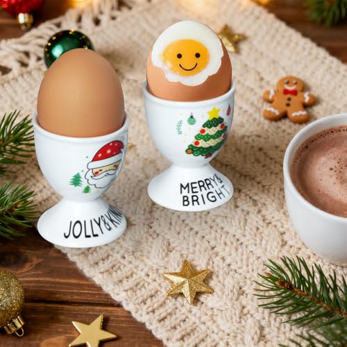 Image of Cinf Christmas Ceramic Egg Cups, Set of 2, Boiled Egg Holders for Breakfast | Set of 2 ceramic egg cups, festive Christmas design, easy to clean, ideal for boiled eggs, breakfast and table