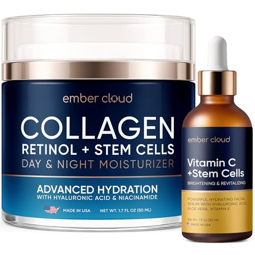 Collagen Cream for Face with Stem Cells Retinol Hyaluronic Acid Niacinamide (1.7 Oz) / Vitamin C Serum for Face (1Oz)