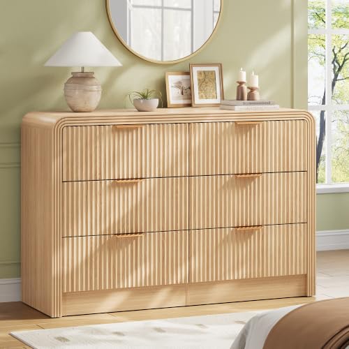 Image of Decofy Fluted 6 Drawers Dresser, 47.2'' Wide Chest of Drawers for Bedroom | Round Edge & Metal Handle, Modern Wood Drawer Organizer for Living Room, Entryway, Hallway, Oak