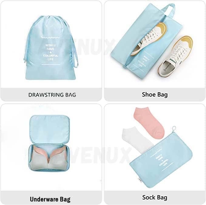Image of AVENUX Packing Cubes Travel Organiser Set, Blue, Polyester, with Shoe Bag, Drawstring Bag and Zippered Bag, 7 Piece
